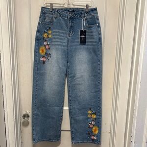 FlaminGals Floral Embroidered High Rise Wide Leg Blue Jeans Women's Large BN
